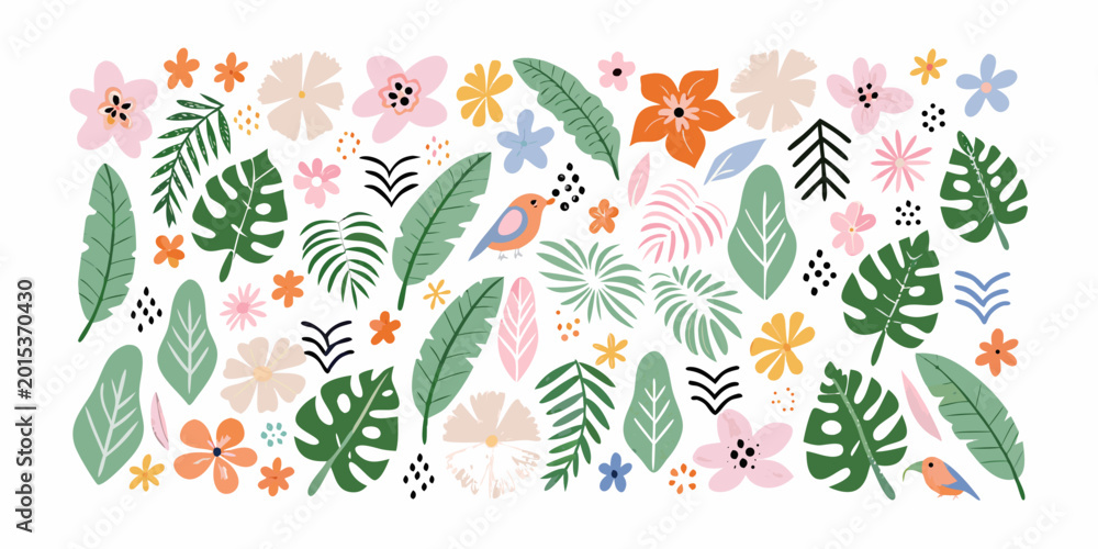 Naklejka premium Tropical leaves flowers and birds illustration on white background