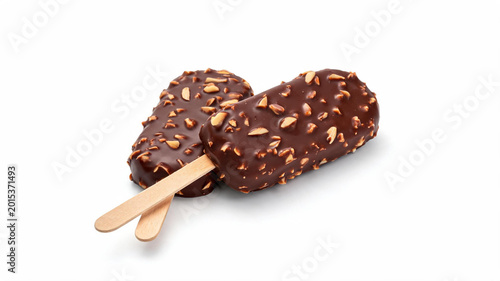 Εκτύπωση καμβά Two chocolate dipped ice cream bars with crushed almond nut pieces on wooden sti