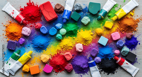 A vibrant collection of art supplies including colorful powders and paint tubes scattered artistically transparent background
