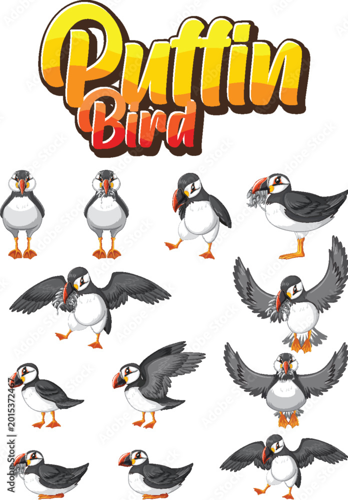 Obraz premium Cartoon puffin bird collection with playful flying character poses vector