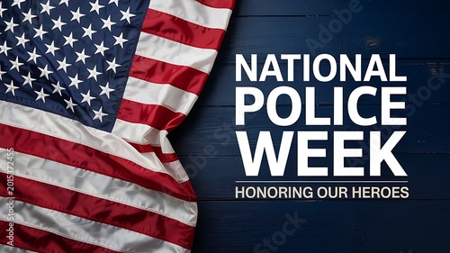 National police week tribute featuring the american flag on a dark blue woodgrain background honoring law enforcement