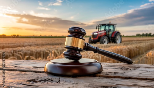 Agricultural law concept gavel resting on wood with blurred tractor and golden wheat field background