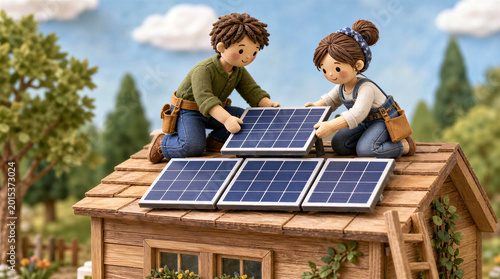 adorable handcrafted figures of woman and man installing solar panels on their home