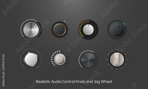 Schilderij op canvas Knob Jog Wheel Dial Metallic Rotary Controller Vector Collection for Audio Equip