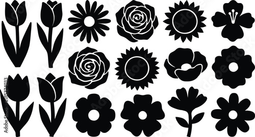 Photos Black silhouettes of various flowers, including tulips, roses, sunflowers, and d
