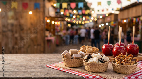 A festive outdoor gathering with various candies on the table in front