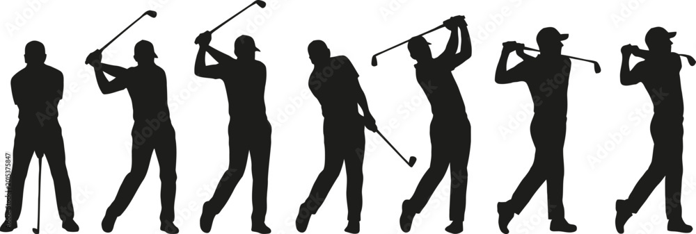 Fototapeta premium Black silhouettes of golfers in various swing positions