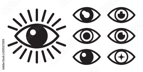 Eye vector icons set featuring various pupil styles and third eye mystic spiritual vision symbol designs.