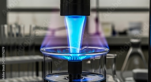 Bunsen burner with intense blue flame in laboratory