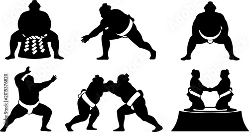 Tableau sur toile Sumo Wrestler Silhouette Set Showing Traditional Japanese Wrestling Poses and Ma