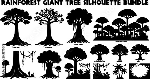 Rainforest Giant Tree Silhouette Bundle with Tropical Jungle Canopy and Root Designs