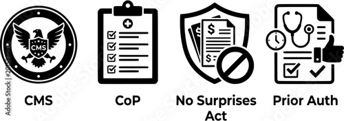 Medical Policy Law & Compliance 4 Vector Set CoP CMS No Surprises Act Prior Auth vector black icons