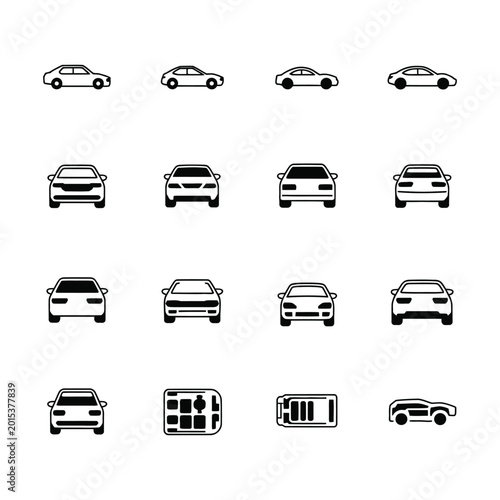 Black and white car silhouettes in various angles and styles  many cars.