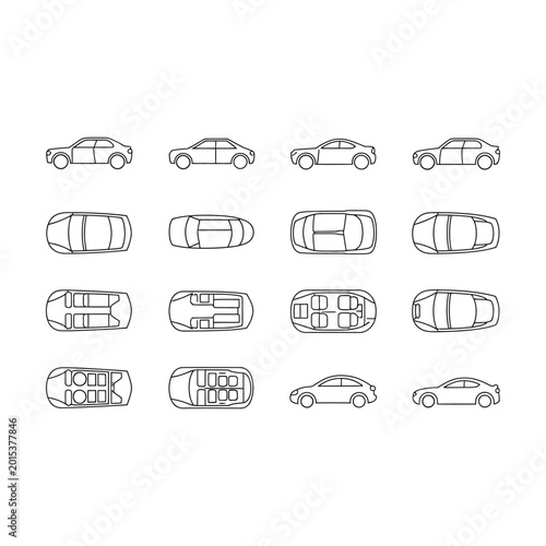 Set of various car models and views illustrations.