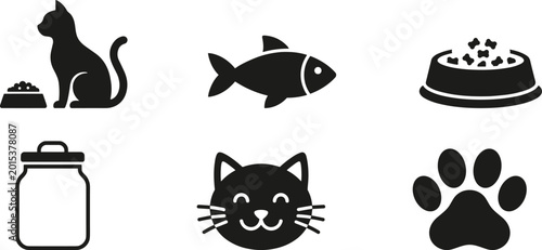 Cat pet food fish bowl jar paw print face whiskers animal care icon set silhouette outline design illustration -flat vector illustration