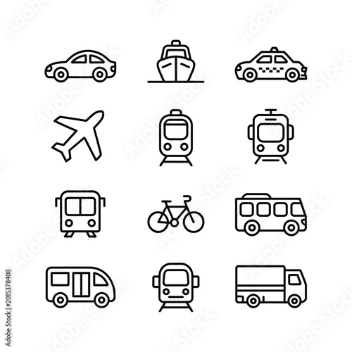 Black line icons of various vehicles for transportation and travel purposes.
