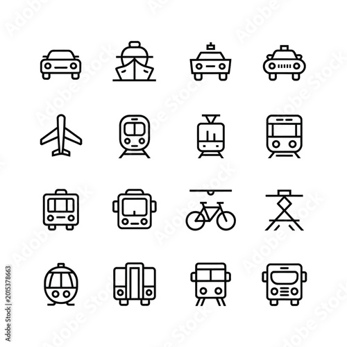 Various transportation icons including cars trains and bicycles on white background.
