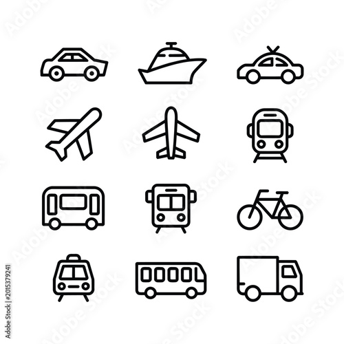 Various transportation icons including cars trucks buses and bicycles.