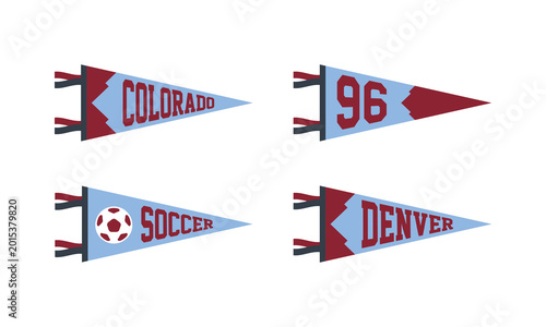 Set of Denver soccer team pennants. Retro colors labels. Vintage hand drawn wanderlust style. Isolated on white background. Good for t shirt, mug, other identity. Vector illustration.