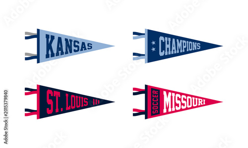 Set of St. Louis, Missouri soccer team pennants. Retro colors labels. Vintage hand drawn wanderlust style. Isolated on white background. Good for t shirt, mug, other identity. Vector illustration.