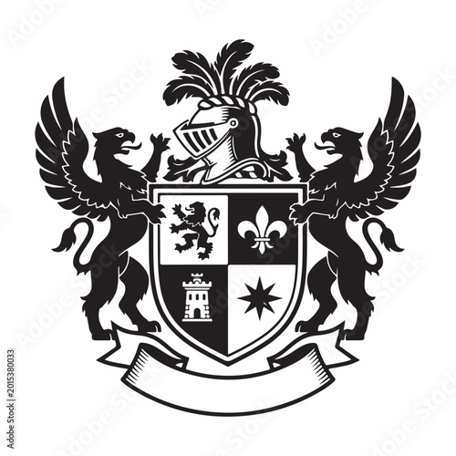 Black and white vector heraldic coat of arms featuring griffins, shield, and knight helmet. Ideal for luxury branding, family crests, and historical emblems