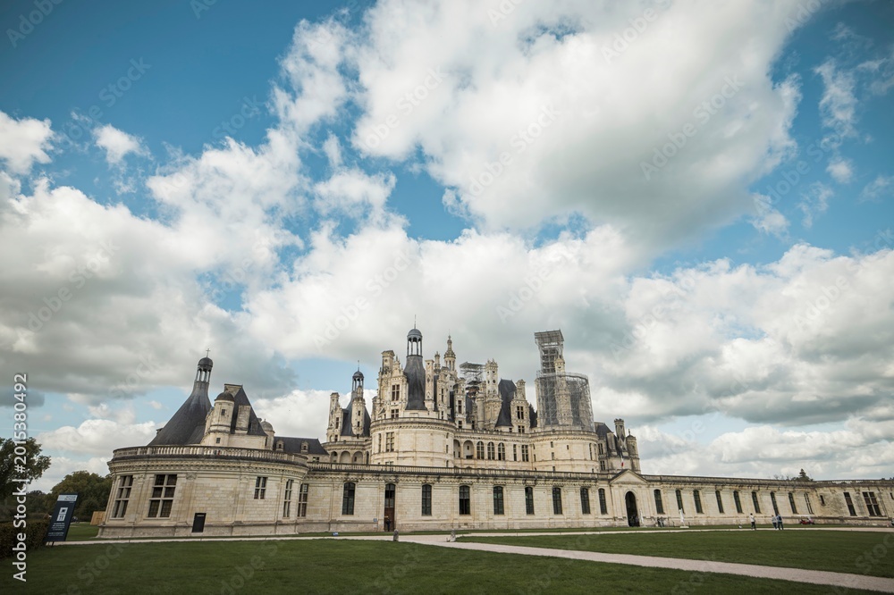 Fototapeta premium Basking in soft daylight, the grand chateau showcases intricate architectural details amid lush greenery, evoking the charm of a summer escape in the heart of France
