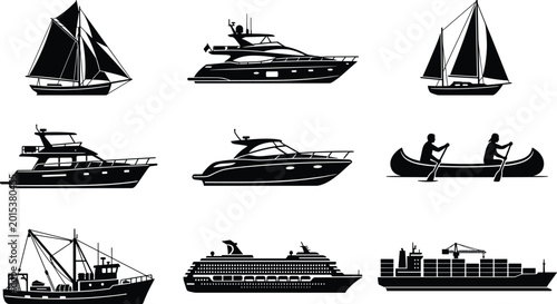 Schilderij op canvas Boats ships sail yacht canoe fishing trawler cruise cargo vessel watercraft icon