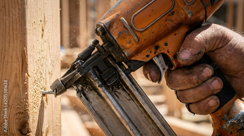 Professional carpenter using framing nailer on wood studs| Heavy-duty pneumatic nail gun for house construction |Close-up of construction worker hands with power tools| Residential building site 