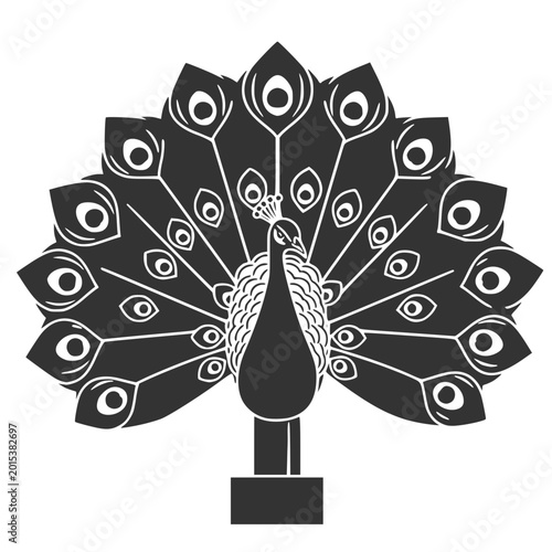 Black silhouette of a peacock with spread feathers on white background  