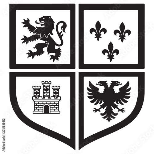 Slika na platnu Heraldic shield vector with lion rampant, fleur de lis, castle, and double headed eagle