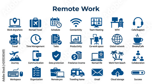 Foto Remote Work Icons Set: Business Lifestyle Concepts for Digital Nomads and Modern