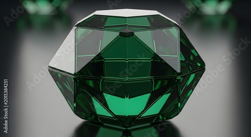 Emerald faceted geometric object reflecting light on a dark glossy surface