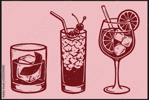 Billede på lærred Stylized illustration of cocktail glasses with ice citrus and cherry garnish on