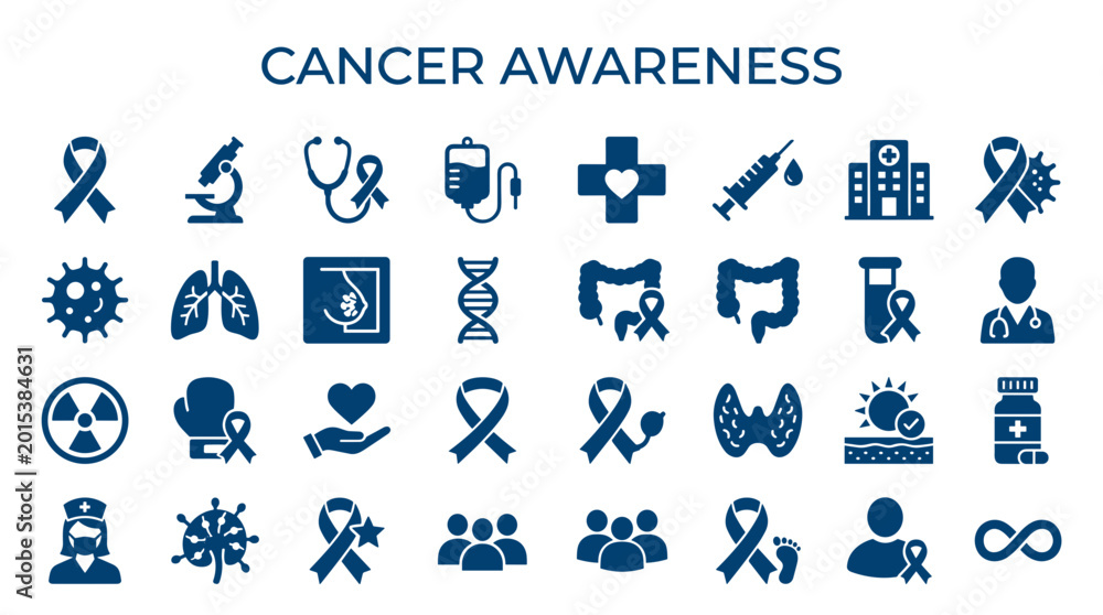 Fototapeta premium Cancer Awareness Icons and Symbols Collection Representing Health Medical Research and Support