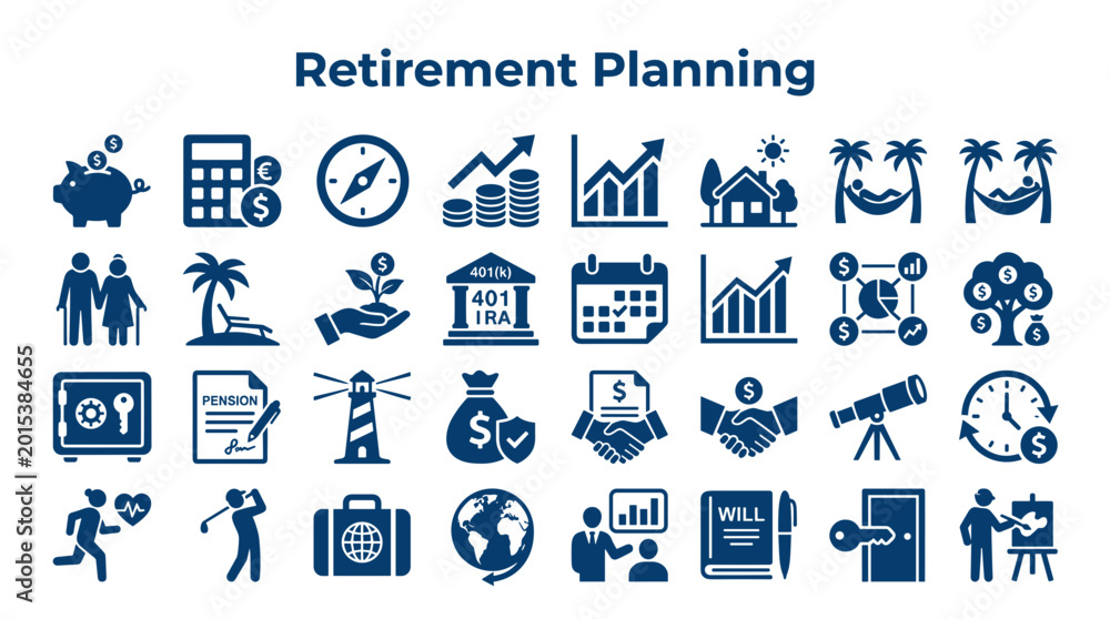 Fototapeta premium Retirement Planning Icons Representing Financial Security Future Savings Investment Growth and Lifestyle Choices