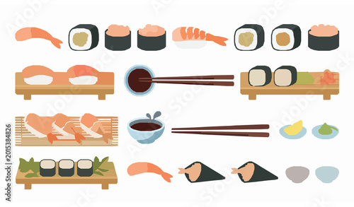 Traditional Japanese ebi shrimp sushi set with nigiri rolls and authentic restaurant food elements