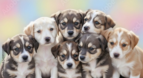 Group of adorable mixed breed puppies looking forward with soft lighting and pastel background