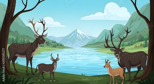 Herd of deer with large antlers by a serene lake during daylight with majestic mountains in the background