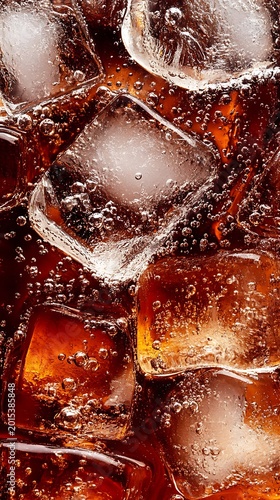 Close up of cola with ice cubes and bubbles refreshing beverage detail macro photography