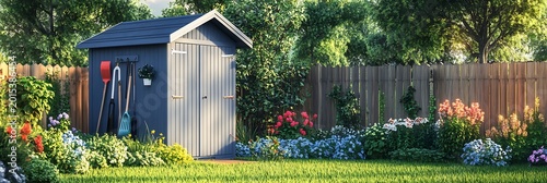 A serene backyard garden shed surrounded by vibrant flowers and lush greenery on a sunny day