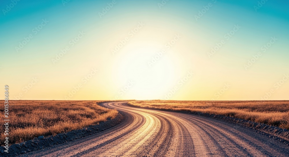 Fototapeta premium A winding dirt road stretching toward a bright, sunlit horizon, symbolizing the wide range of potential futures and unlimited opportunity ahead, route, bright, opportunity