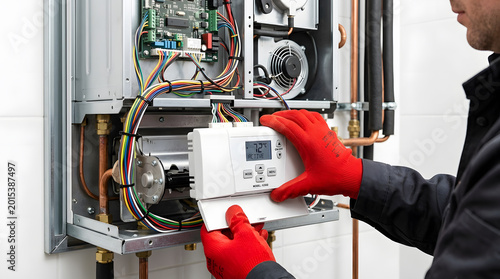 professional hvac technician boiler repair | installing electronic control panel on gas boiler | residential heating system maintenance and wiring | heating engineer servicing domestic central heating