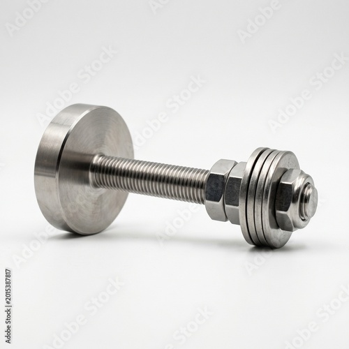 Closeup of silver metal bolt with washer and nut on white background.