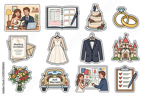Wedding planning stickers with flowers, rings, cake, and attire illustrations.