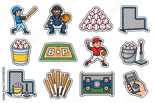 Baseball stickers collection: players, equipment, and training gear.