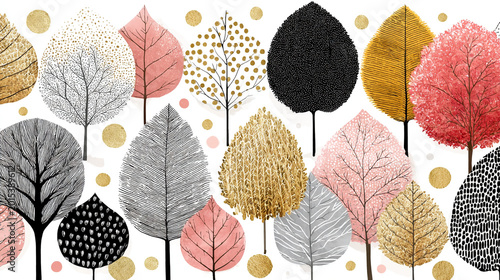 Collection of stylized trees with textured leaves in various colors and metallic accents