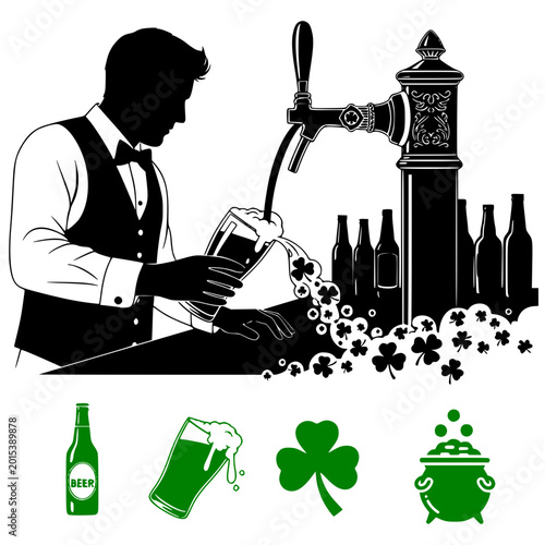 Bartender pouring beer from tap with bottles and shamrock decorations  