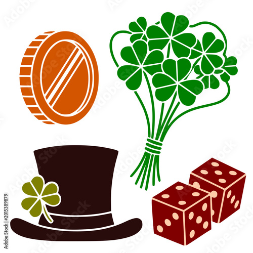 St. Patrick's Day symbols including dice, coin, clover, and hat  
