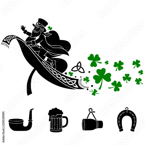 Saint Patrick’s Day leprechaun flying on magic carpet surrounded by clovers  