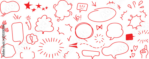 Red hand-drawn speech bubbles, comic stars, arrows, and decorative doodle symbols